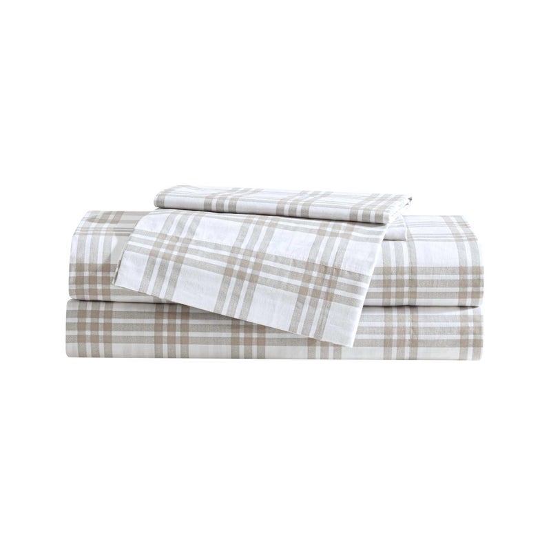 Eddie Bauer Eddie Bauer - King Sheet Set  Cotton Percale Bedding Set  Super Soft and Bedding Set  Oeko-Tex Certified (Basic Plaid Beige  King)  - Image 1