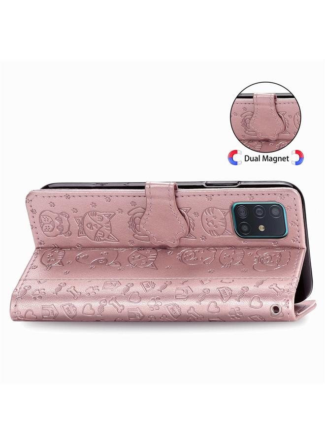 اس-توب جراب لهاتف Galaxy A71 من الجلد المنقوش بشكل قطة وكلب لطيف مع حامل / فتحة بطاقة / محفظة / حبل - Image 4