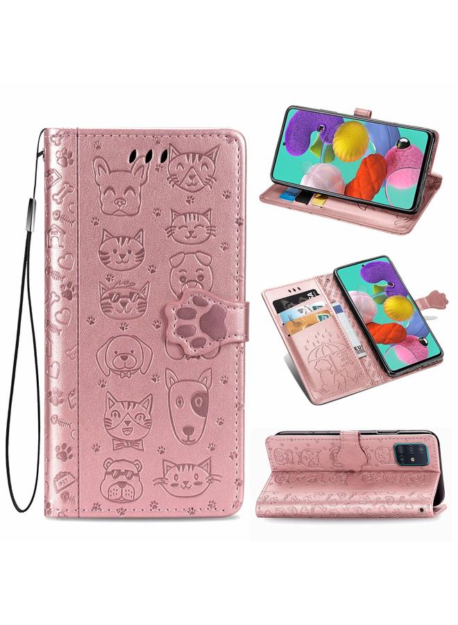 اس-توب جراب لهاتف Galaxy A71 من الجلد المنقوش بشكل قطة وكلب لطيف مع حامل / فتحة بطاقة / محفظة / حبل - Image 1