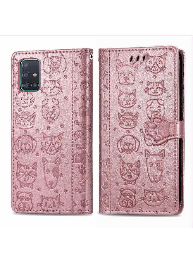 اس-توب جراب لهاتف Galaxy A71 من الجلد المنقوش بشكل قطة وكلب لطيف مع حامل / فتحة بطاقة / محفظة / حبل - Image 2