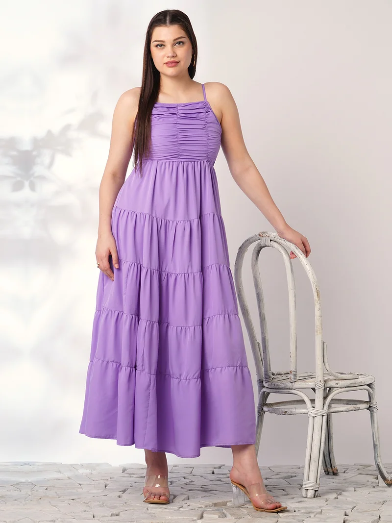globus Globus Women Lavender Square Neck Strappy Shoulder Ruched Smocked Cut-Outs Detail Tiered Fit & Flare Maxi Party Dress