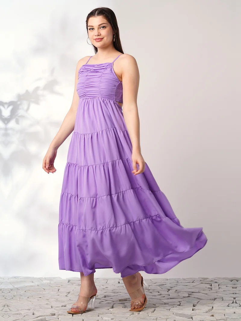 globus Globus Women Lavender Square Neck Strappy Shoulder Ruched Smocked Cut-Outs Detail Tiered Fit & Flare Maxi Party Dress