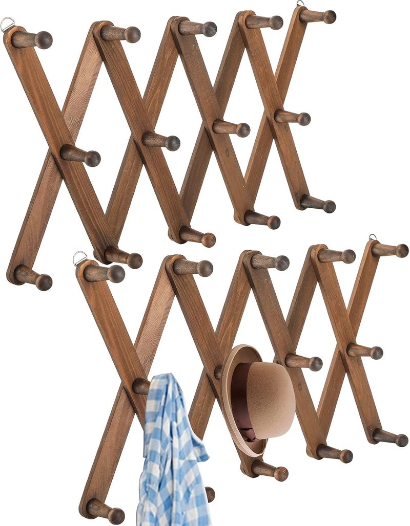 Cedilis 2 Pack Expandable Wooden Coat Rack, 14 Hooks Wall Coffee Mug Rack, Wall Mounted Vintage Accordion Peg Hanger for Hats, Baseball Caps, Mugs, Coats, Scarf, Bag, Walnut Color - Image 1