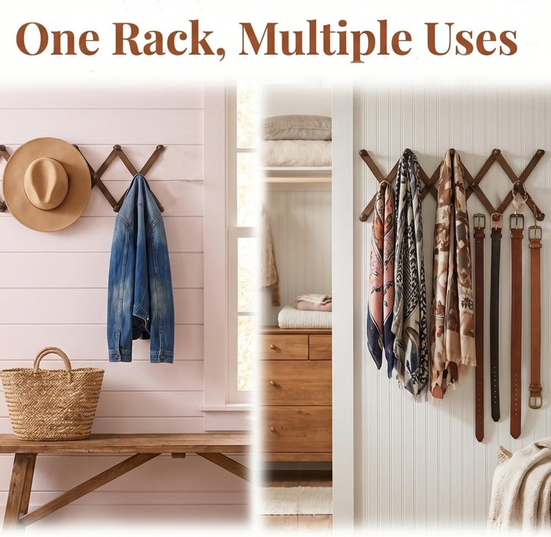 Cedilis 2 Pack Expandable Wooden Coat Rack, 14 Hooks Wall Coffee Mug Rack, Wall Mounted Vintage Accordion Peg Hanger for Hats, Baseball Caps, Mugs, Coats, Scarf, Bag, Walnut Color - Image 5