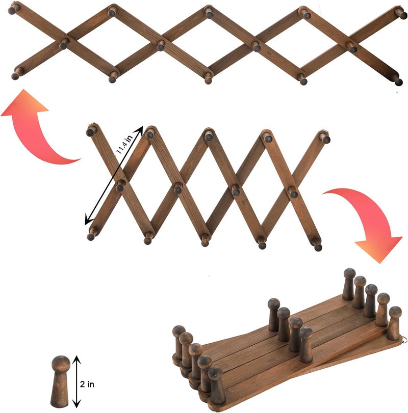 Cedilis 2 Pack Expandable Wooden Coat Rack, 14 Hooks Wall Coffee Mug Rack, Wall Mounted Vintage Accordion Peg Hanger for Hats, Baseball Caps, Mugs, Coats, Scarf, Bag, Walnut Color - Image 2