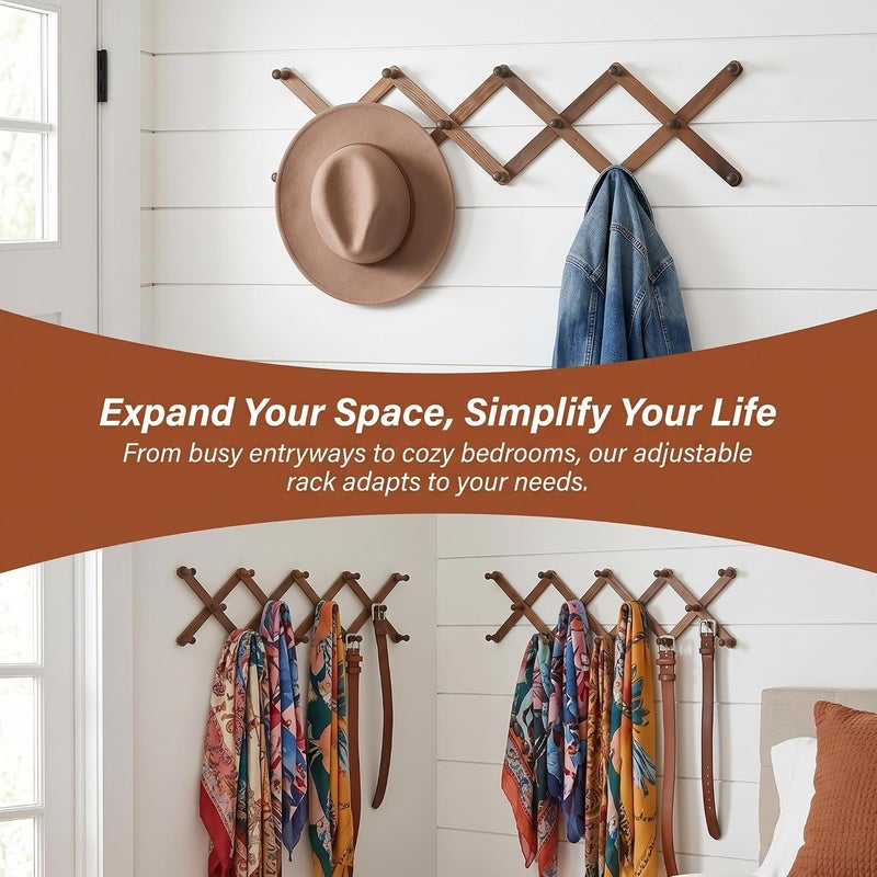 Cedilis 2 Pack Expandable Wooden Coat Rack, 14 Hooks Wall Coffee Mug Rack, Wall Mounted Vintage Accordion Peg Hanger for Hats, Baseball Caps, Mugs, Coats, Scarf, Bag, Walnut Color - Image 4