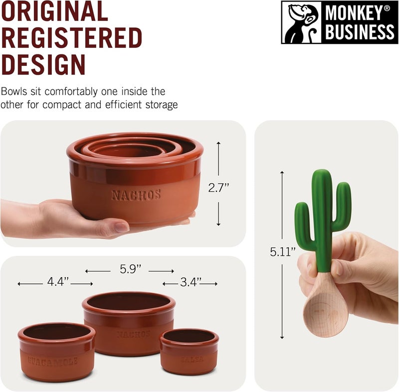 Monkey Business Bowlero Dipping Bowls Set Terracotta Serving Bowls With 3 Dipping Sauce Bowls And 2 Dip Spoons Decorative Mexican Serving Bowl Set For Guacamole Salsa BBQ Soy Sauce Mexican Dips - Image 4