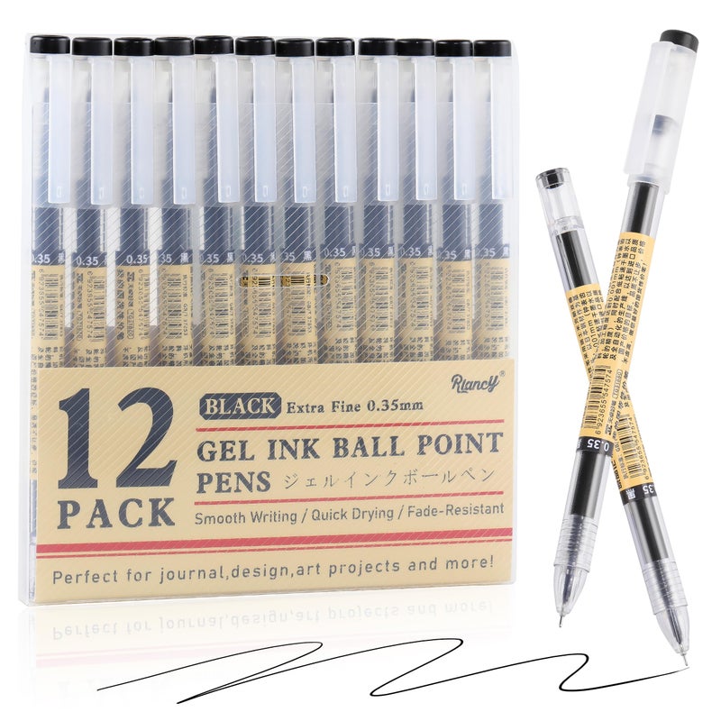 RIANCY Japanese Style Black Gel Ink Pens, 0.35mm Extra Fine Point, No Smudge Quick Drying, Japanese Ink Pen for Journal Planners, Thin Notebook Paper, Office School Supplies, 12 Pack, Writing Drawing - Image 1