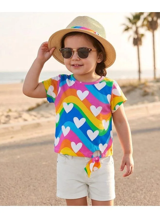 Babyhug Babyhug Single Jersey Knitted Top & Shorts Set with Heart & Rainbow Print - White & Blue