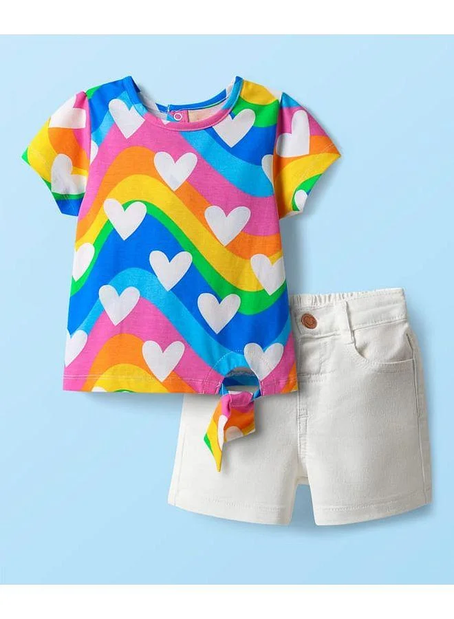 Babyhug Babyhug Single Jersey Knitted Top & Shorts Set with Heart & Rainbow Print - White & Blue