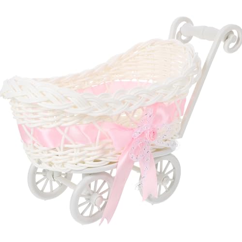STOBOK Mini Wicker Stroller Decoration Rattan Doll Carriage Woven Candy Basket Centerpiece Decor for Baby Shower Party Favors Pink - Image 1