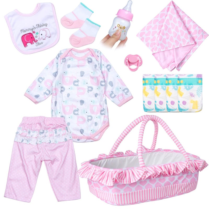 PEDOLLTREE 12 Pcs Reborn Baby Dolls Clothes Girl Pink Elephant Outfit Accessories for 1722 Inch Reborn Doll Newborn Girl with Pink Heart Bassinet - Image 3