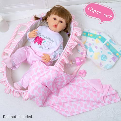 PEDOLLTREE 12 Pcs Reborn Baby Dolls Clothes Girl Pink Elephant Outfit Accessories for 1722 Inch Reborn Doll Newborn Girl with Pink Heart Bassinet - Image 5