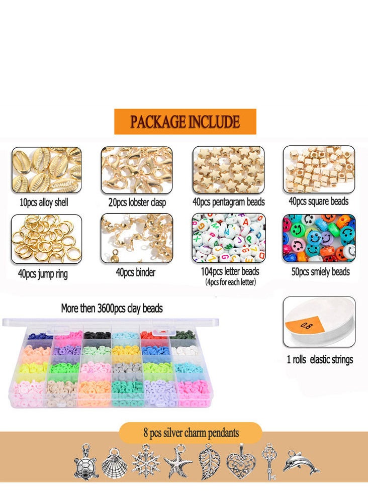 Generic - 3600 Pieces Flat Round Polymer Clay Beads 6mm Spacer with Pendant Charms and Elastic Strings for Kids - Image 1