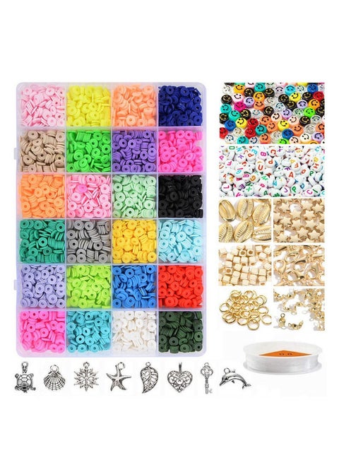 3600 Pieces Flat Round Polymer Clay Beads 6mm Spacer with Pendant Charms and Elastic Strings for Kids