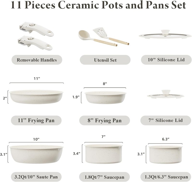 Bazova 11 Pcs Pots and Pans Set Non Stick with Removable Handles,Ceramic Cookware Set Non Toxic,Induction Kitchen Cooking Sets,Nonstick RV Cookware,Dishwasher/Oven Safe,PFAS/PTFE/PFOA Free,Cream White - Image 2