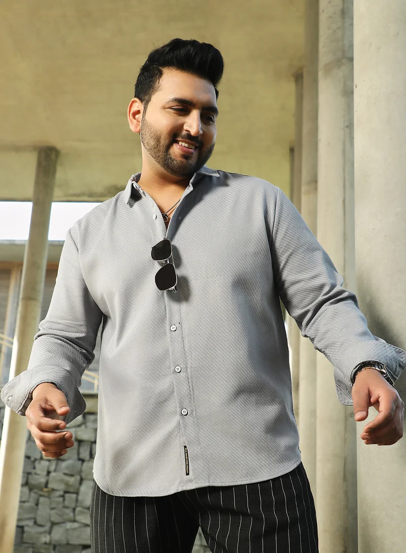 Instafab Plus Instafab Plus Men's Coin Grey Slanted-Trough Shirt For Casual Wear | Spread Collar | Long Cuffed Sleeves | Button Closure | Plus Size Shirt Crafted With Comfort Fit For Everyday Wear