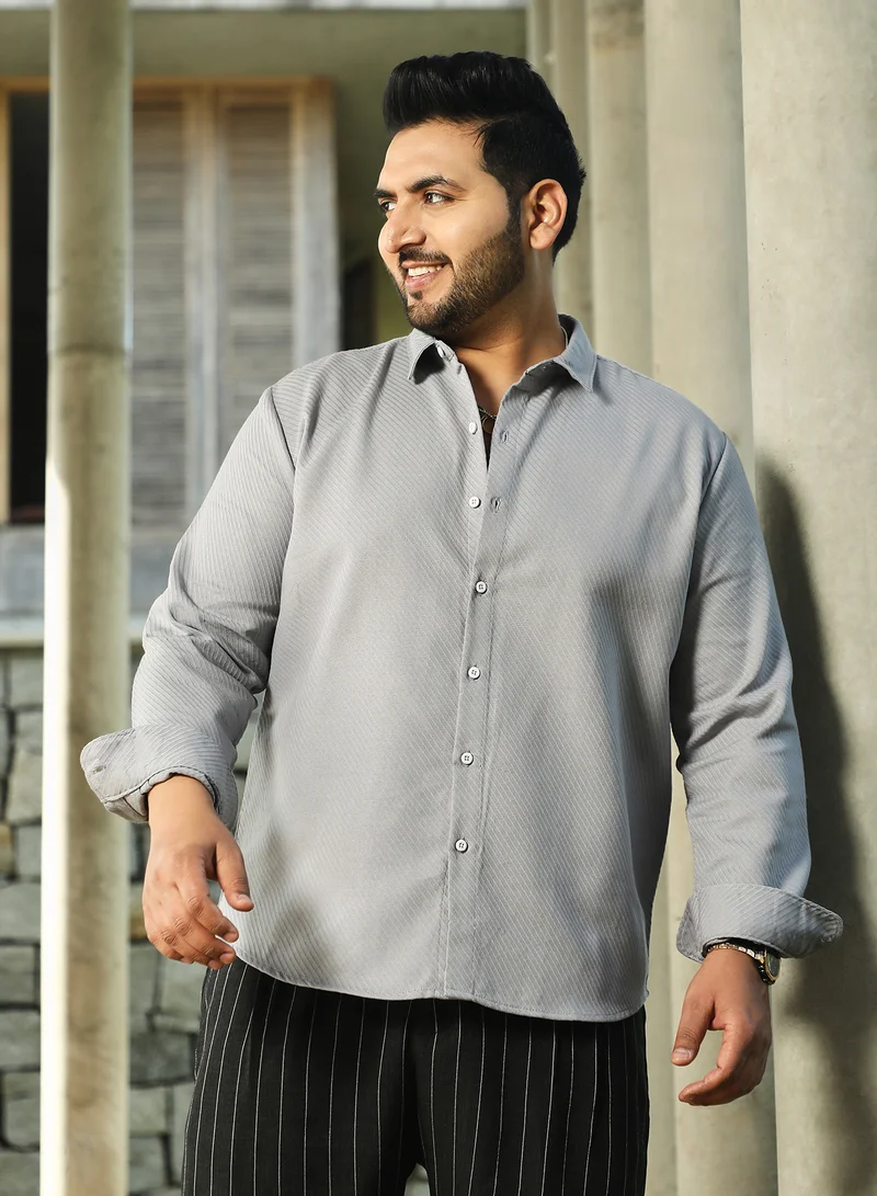Instafab Plus Instafab Plus Men's Coin Grey Slanted-Trough Shirt For Casual Wear | Spread Collar | Long Cuffed Sleeves | Button Closure | Plus Size Shirt Crafted With Comfort Fit For Everyday Wear