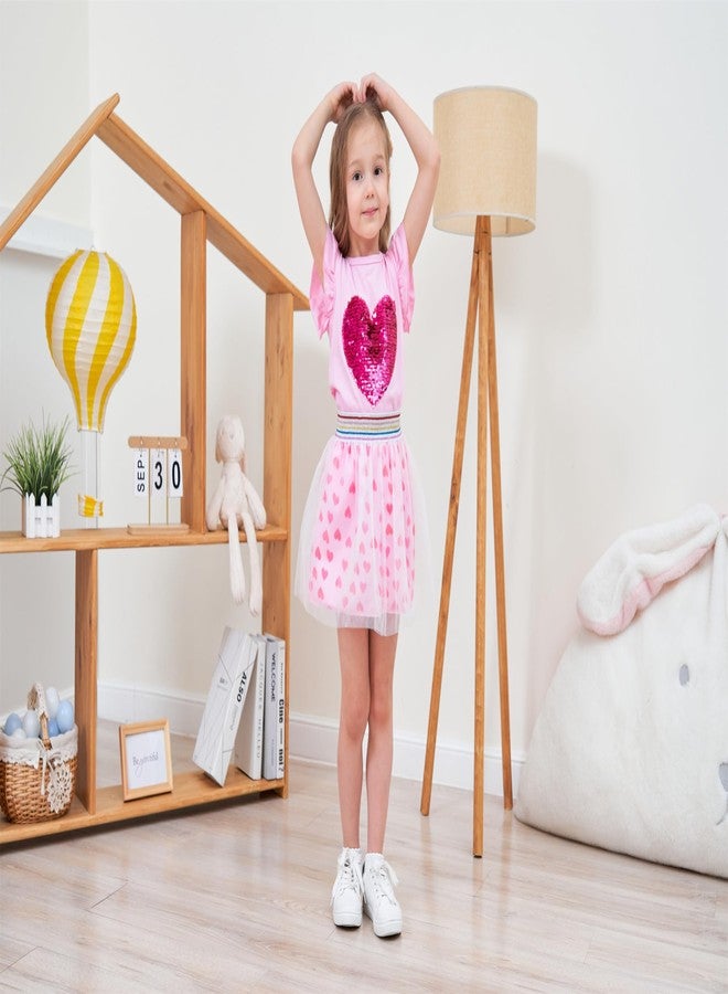 RETSUGO Girls Tulle Skirt Set Two Piece Ruffle Sleeve Unicorn T-Shirt Tutu Dress Summer Birthday Party Outfit 2-10 Years, Heart Print/Pink, 4-5 Years - Image 5