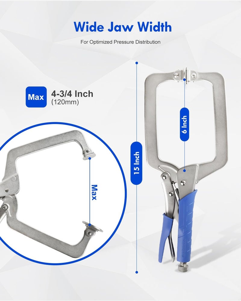 DRAGONITE Heavy Duty C Clamp, Vise Grip Locking Pliers With Swivel Pads, 15 Inch Face Clamp for Woodworking, Welding and Pocket Hole Joinery, 2 Piece - Image 3