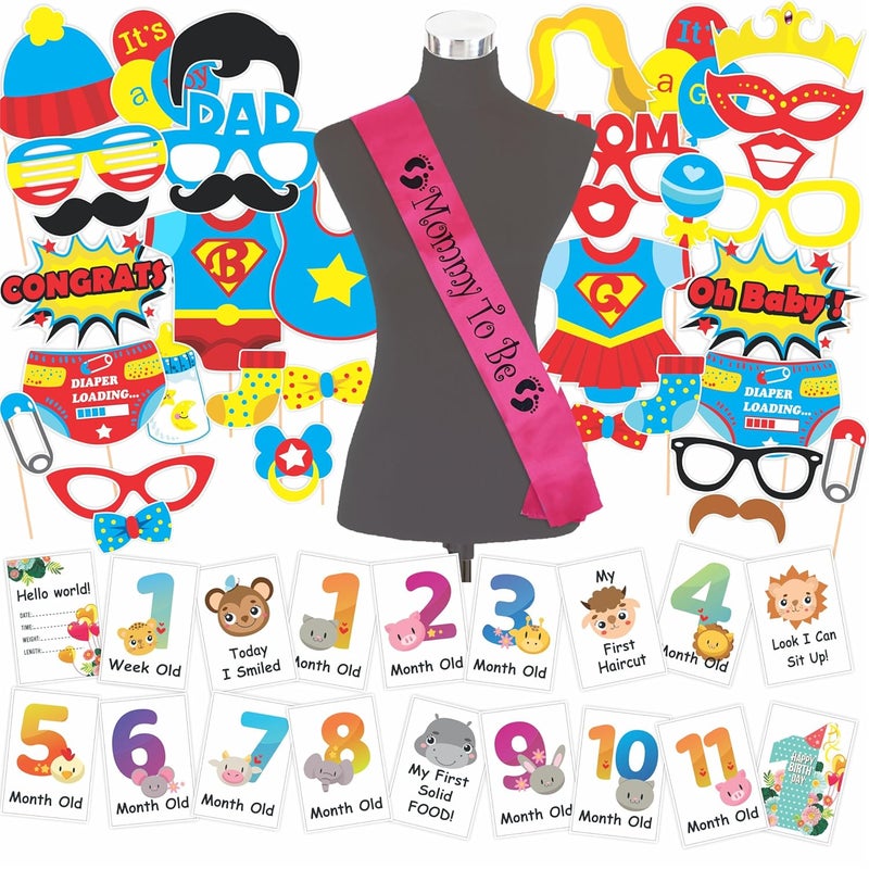 Wobbox Baby Shower Decoration Items| Baby Shower Ceremony Photo Booth Props for Photoshoot, Milestone Crad& Mom to Be Sash, Godh Bharai Ceremony Decoration Kit-(FP558) - Image 1