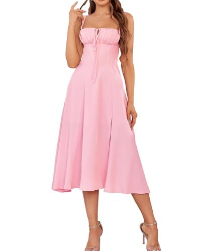 GLNEGE Wedding Guest Dresses for Women Midi Corset Lace Up A Line Dress Solid Flowy Slit Going Out Sundress for Tea Party - Image 1
