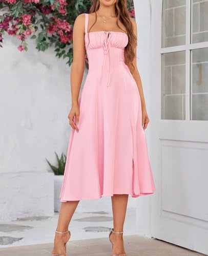 GLNEGE Wedding Guest Dresses for Women Midi Corset Lace Up A Line Dress Solid Flowy Slit Going Out Sundress for Tea Party - Image 2