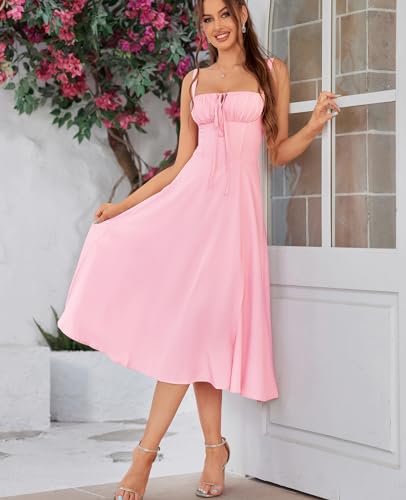 GLNEGE Wedding Guest Dresses for Women Midi Corset Lace Up A Line Dress Solid Flowy Slit Going Out Sundress for Tea Party - Image 4