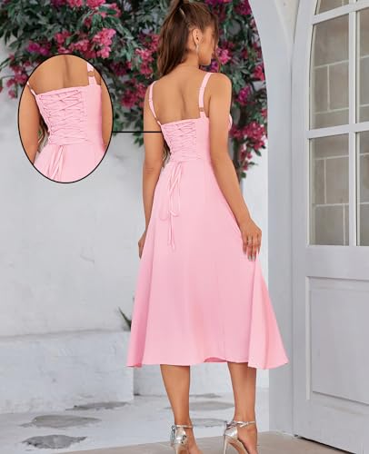 GLNEGE Wedding Guest Dresses for Women Midi Corset Lace Up A Line Dress Solid Flowy Slit Going Out Sundress for Tea Party - Image 3