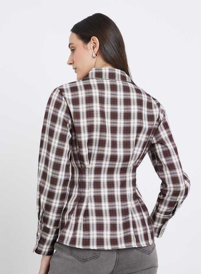 Styli Women Brown Checked Wrap Shirt - Image 4