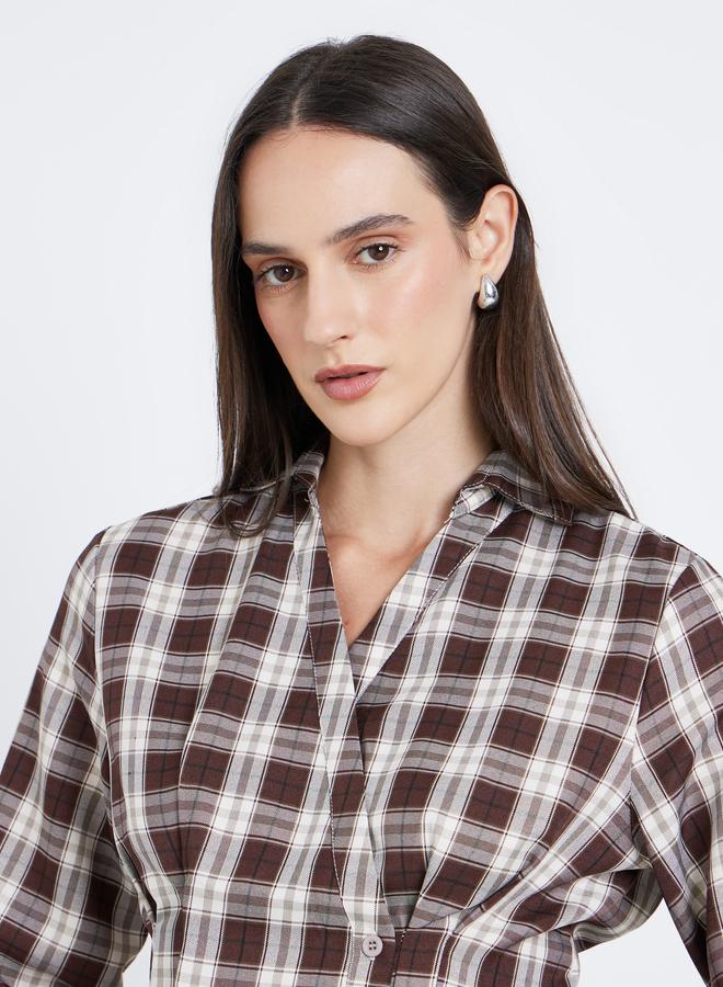 Styli Women Brown Checked Wrap Shirt - Image 3