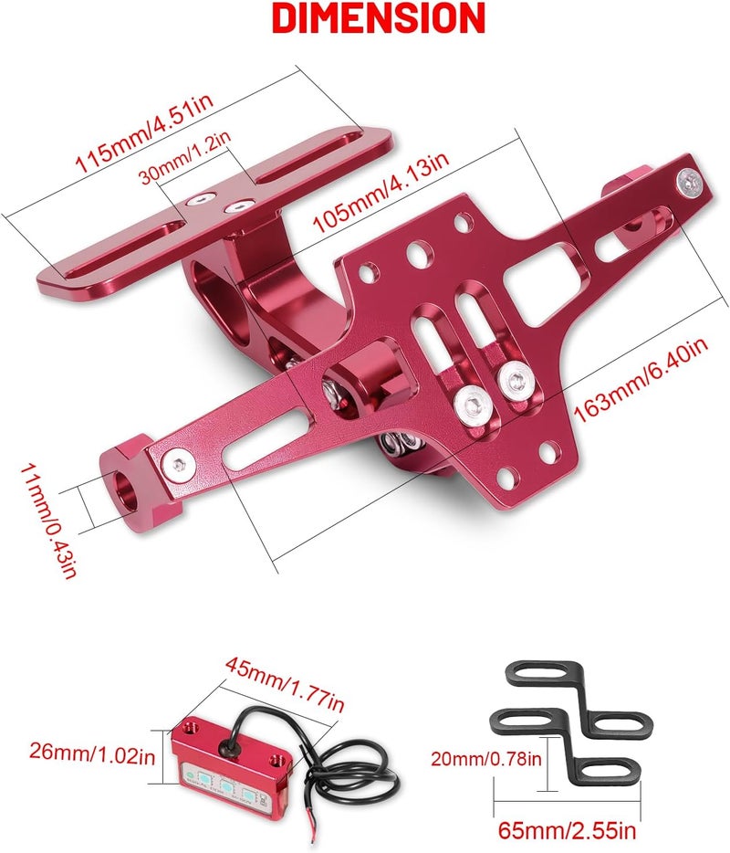 MDPROMCP Universal Motorcycle Fender Eliminator With LED Light CNC Aluminum License Plate Bracket (Red) - Image 2
