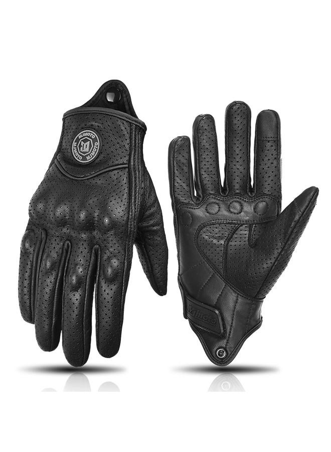 mjmoto Black Retro Motorcycle Leather Gloves - Breathable Touch Screen Full Finger Gloves for Motorcyclists - Classic Vintage Motorcycle Gloves (Black with Holes, L) - Image 1