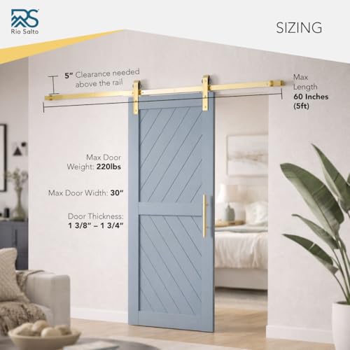 Rio Salto Gold Barn Door Hardware Kit Sliding Hardware Modern Barn Interior Gold Brushed Brass Panel Hardware 5ft Hardware ONLY Hardware Kit 5 Feet Single Door - Image 3