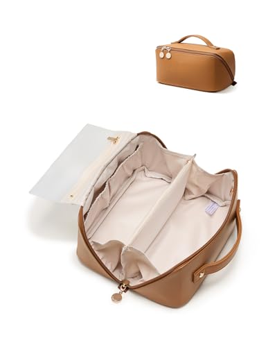 EACHY Travel Makeup Bag, 2.0 Cosmetic Bag for Women, Waterproof PU Leather,Flat Open Portable Toiletry Bag for Skincare, Brushes & Travel Essentials - Image 1