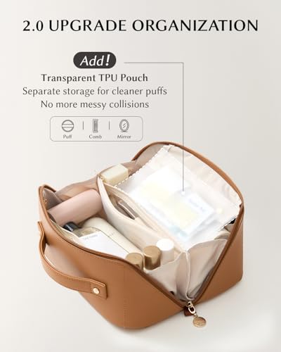 EACHY Travel Makeup Bag, 2.0 Cosmetic Bag for Women, Waterproof PU Leather,Flat Open Portable Toiletry Bag for Skincare, Brushes & Travel Essentials - Image 4