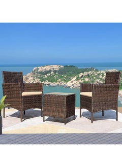 Sweet Furniture 3-Piece Patio Conversation Set – Brown & Beige PE Rattan Wicker Chairs with Table for Outdoor Garden or Balcony  - Image 2
