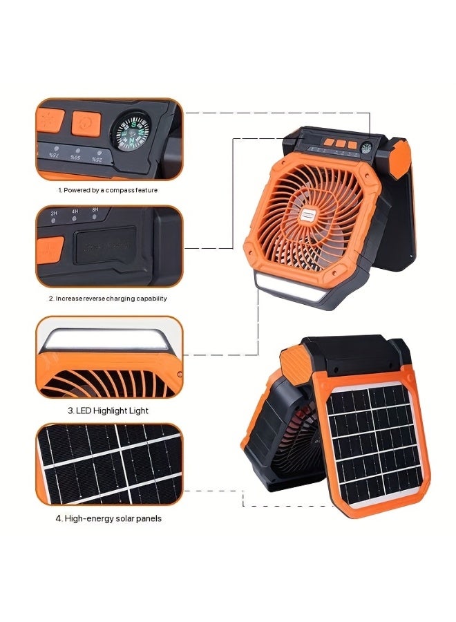 WALALLA 2 in 1 Rechargeable Camping Fan, Portable Tent Fan, Solar-Powered Outdoor Standing Fan, Powered Hiking Hanging Light Fans with LED Light Lantern, 4 Adjustable Speed, 90° Oscillating, Solar Panels - Image 3