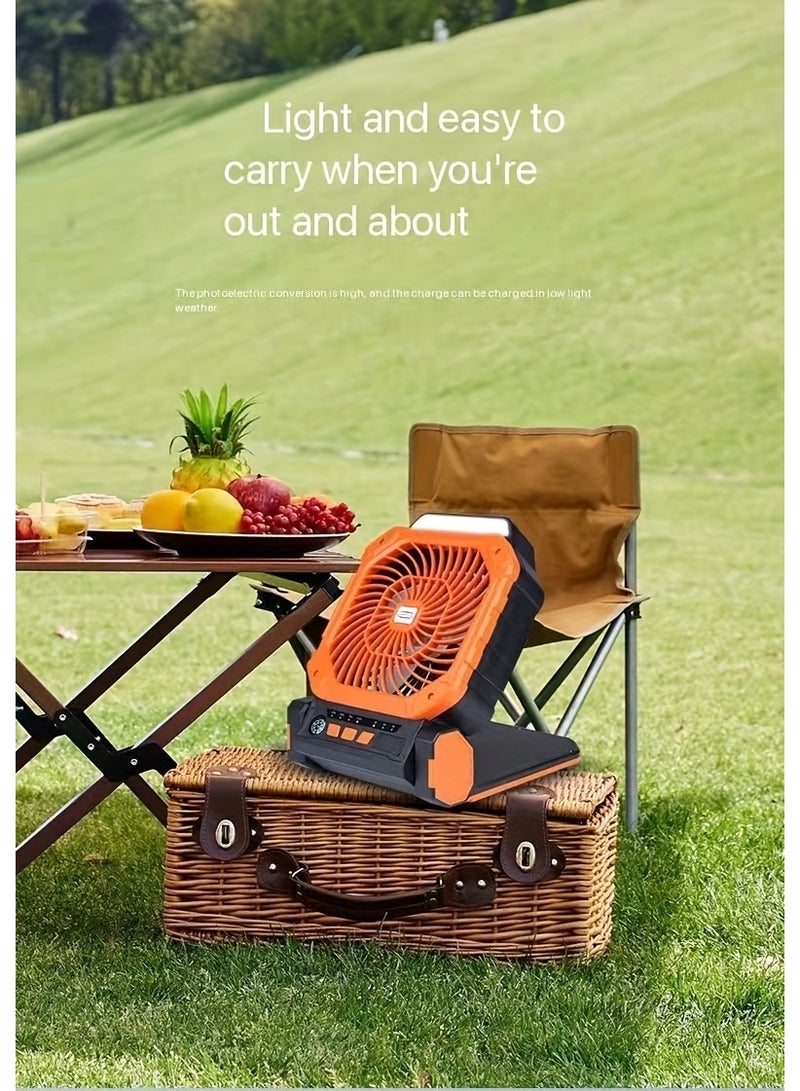 WALALLA 2 in 1 Rechargeable Camping Fan, Portable Tent Fan, Solar-Powered Outdoor Standing Fan, Powered Hiking Hanging Light Fans with LED Light Lantern, 4 Adjustable Speed, 90° Oscillating, Solar Panels - Image 2