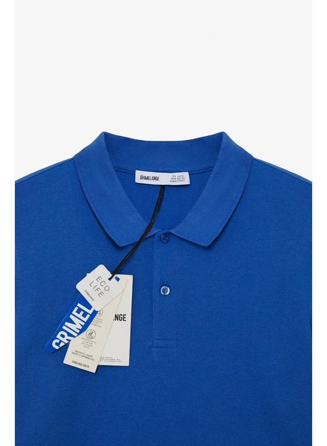 Grimelange SKYLOOM Men's 100% Cotton Short Sleeve Regular Fit Sky Blue Polo Collar T-shirt.