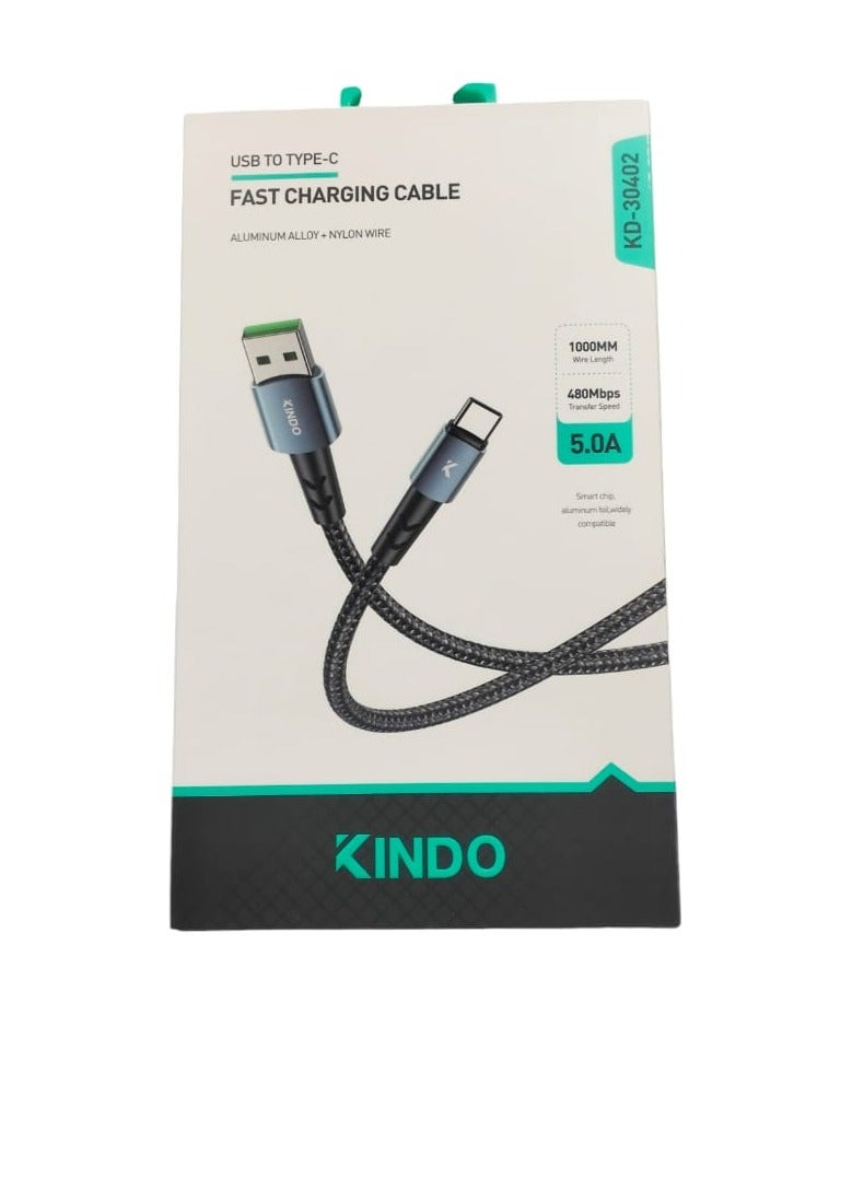 كيندو كابل USB إلى النوع C 5.0A سلك شحن سريع مجدول من النايلون. 1000 مللي متر/480 ميجابت في الثانية - Image 1
