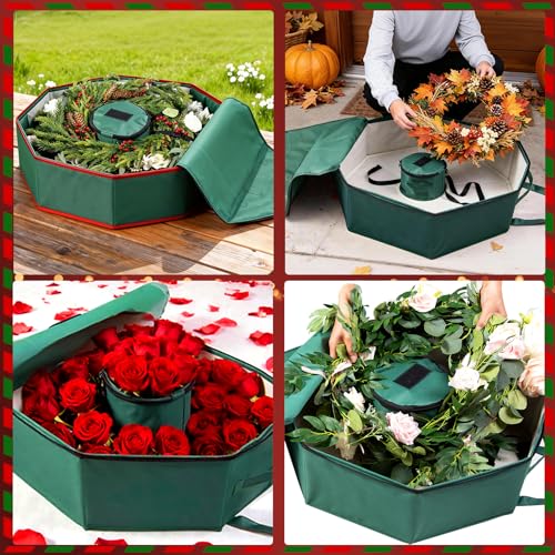 BrilliantJo Wreath Storage Hard Shell Christmas Decorations Case Bag with Interior Pockets 600D Oxford Fabric 24 Inch Xmas Container Box for Holiday Zipper and Handles Labeling Card Slot Green - Image 3