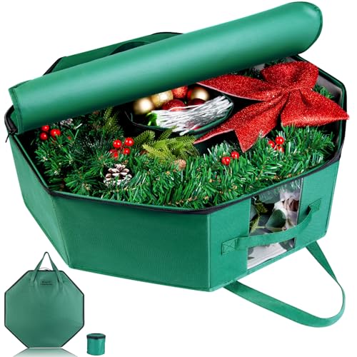 BrilliantJo Wreath Storage Hard Shell Christmas Decorations Case Bag with Interior Pockets 600D Oxford Fabric 24 Inch Xmas Container Box for Holiday Zipper and Handles Labeling Card Slot Green - Image 1