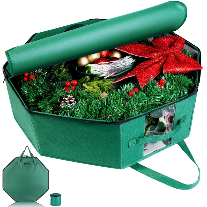BrilliantJo Wreath Storage Hard Shell Christmas Decorations Case Bag with Interior Pockets 600D Oxford Fabric 24 Inch Xmas Container Box for Holiday Zipper and Handles Labeling Card Slot Green - Image 2