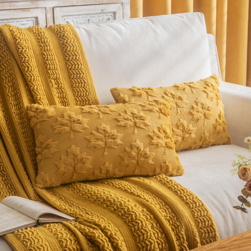 Cosibono Maple Leaf Fall Fall Convels Cover 12 "" x20 "مجموعة من 2 خردل مزرعة مزرعة أغطية وسادة مزخرفة لحصاد خريف العطلة وسادة سادة الفراء فو لأريكة غرفة نوم - Image 1