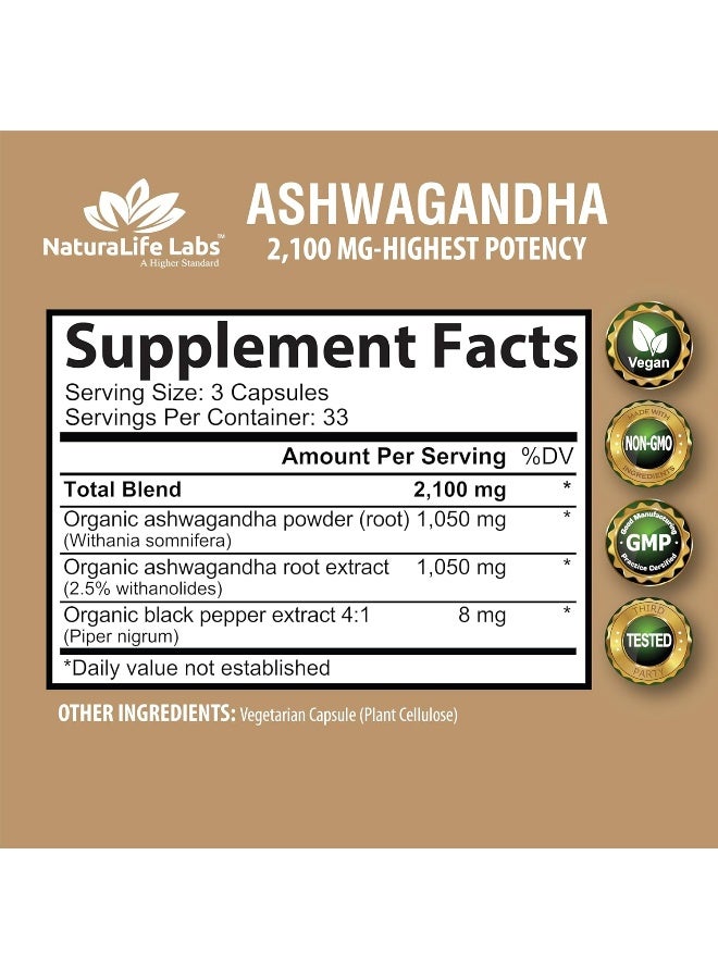 NaturaLife Labs Organic Ashwagandha 2,100 Mg 100 Vegan Capsules - Image 2