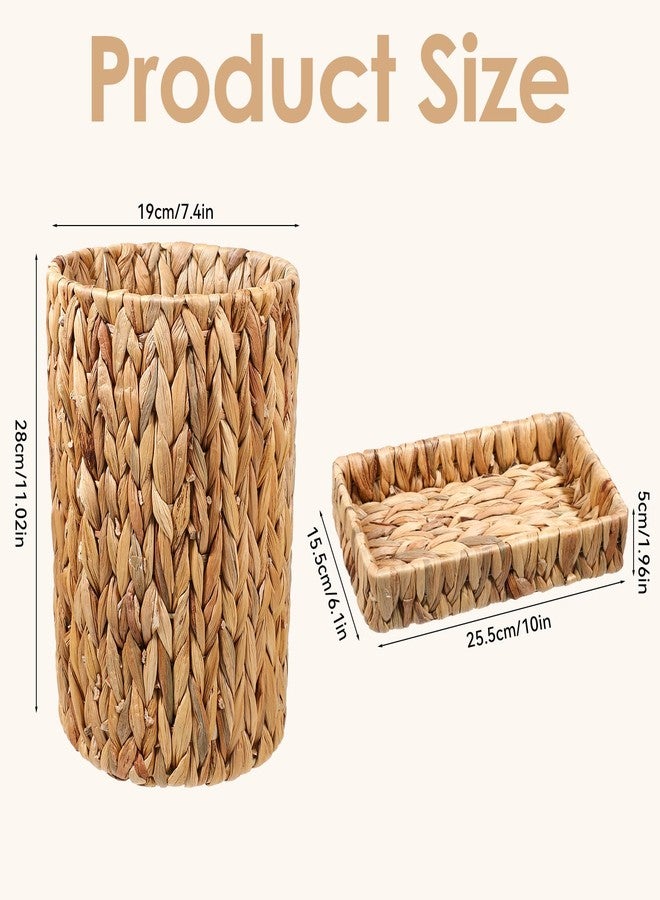 WLLHYF Water Hyacinth Trash Can 10 Inch Bathroom Tray Countertop Set Handwoven Waste Basket Toilet Tank Bathroom Vanity Tray Rattan Wicker Home Decor for Bedroom Kitchen Office - Image 2