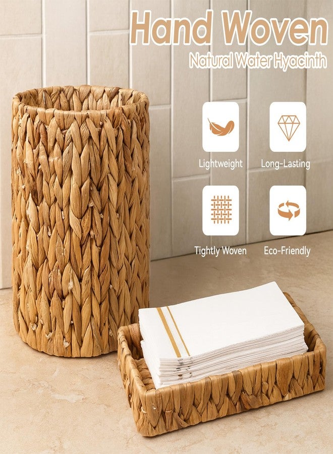 WLLHYF Water Hyacinth Trash Can 10 Inch Bathroom Tray Countertop Set Handwoven Waste Basket Toilet Tank Bathroom Vanity Tray Rattan Wicker Home Decor for Bedroom Kitchen Office - Image 4