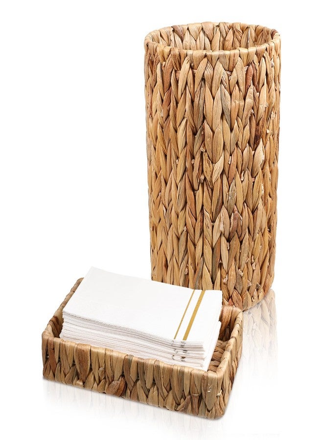 WLLHYF Water Hyacinth Trash Can 10 Inch Bathroom Tray Countertop Set Handwoven Waste Basket Toilet Tank Bathroom Vanity Tray Rattan Wicker Home Decor for Bedroom Kitchen Office - Image 1