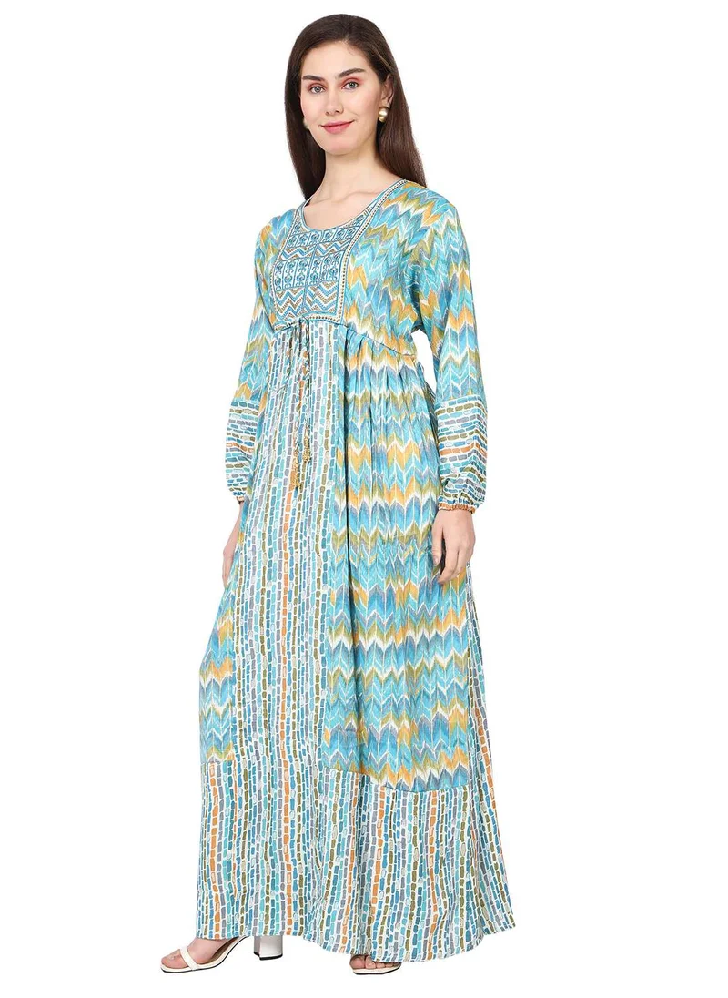 هانا آند سارا MULTICOLOUR PRINTED LONG VISCOSE THREAD EMBROIDERY ARABIC KAFTAN JALABIYA DRESS